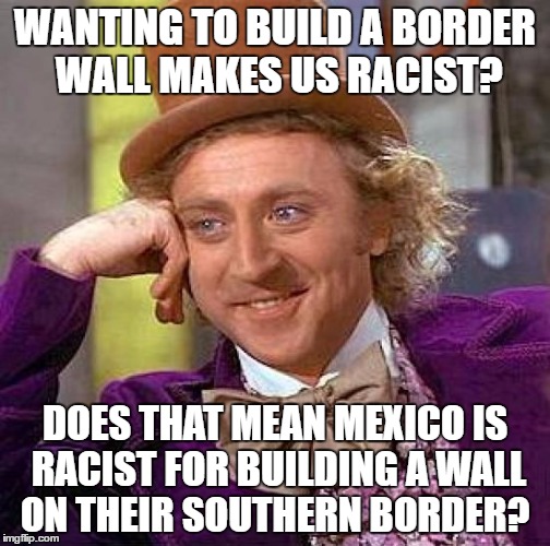 it hurts your brain a little   | WANTING TO BUILD A BORDER WALL MAKES US RACIST? DOES THAT MEAN MEXICO IS RACIST FOR BUILDING A WALL ON THEIR SOUTHERN BORDER? | image tagged in memes,creepy condescending wonka,neverhillary | made w/ Imgflip meme maker
