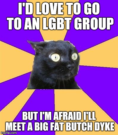 Social Anxiety Cat |  I'D LOVE TO GO TO AN LGBT GROUP; BUT I'M AFRAID I'LL MEET A BIG FAT BUTCH DYKE | image tagged in social anxiety cat | made w/ Imgflip meme maker
