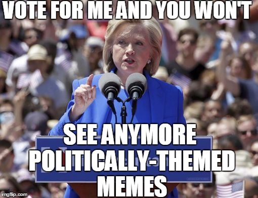 Hillary | VOTE FOR ME AND YOU WON'T SEE ANYMORE POLITICALLY-THEMED MEMES | image tagged in hillary | made w/ Imgflip meme maker