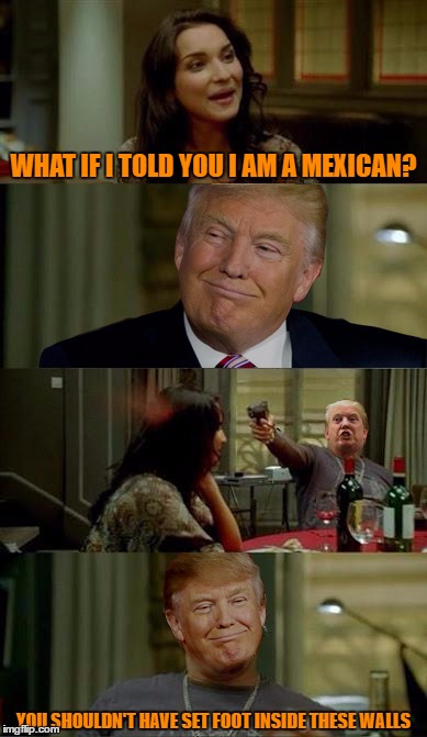 Mr. Trump | WHAT IF I TOLD YOU I AM A MEXICAN? YOU SHOULDN'T HAVE SET FOOT INSIDE THESE WALLS | image tagged in mr trump | made w/ Imgflip meme maker