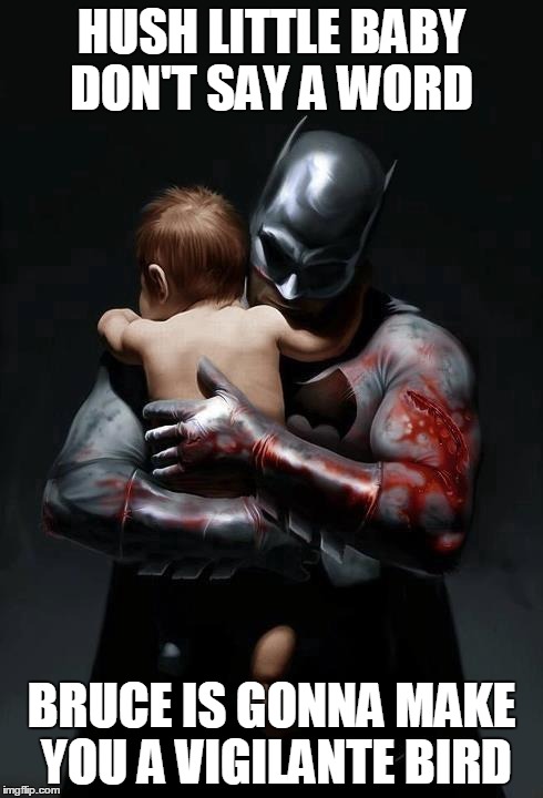 HUSH LITTLE BABY DON'T SAY A WORD; BRUCE IS GONNA MAKE YOU A VIGILANTE BIRD | image tagged in batman,robin | made w/ Imgflip meme maker