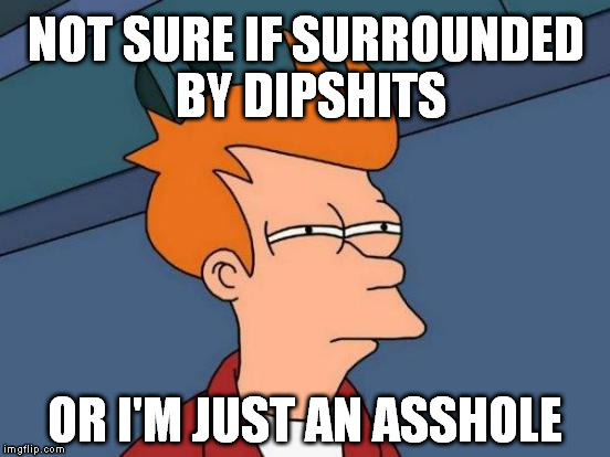 Futurama Fry | NOT SURE IF SURROUNDED BY DIPSHITS; OR I'M JUST AN ASSHOLE | image tagged in memes,futurama fry | made w/ Imgflip meme maker