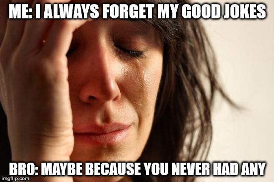 First World Problems Meme | ME: I ALWAYS FORGET MY GOOD JOKES; BRO: MAYBE BECAUSE YOU NEVER HAD ANY | image tagged in memes,first world problems | made w/ Imgflip meme maker