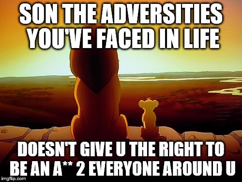 Lion King | SON THE ADVERSITIES YOU'VE FACED IN LIFE; DOESN'T GIVE U THE RIGHT TO BE AN A** 2 EVERYONE AROUND U | image tagged in memes,lion king | made w/ Imgflip meme maker