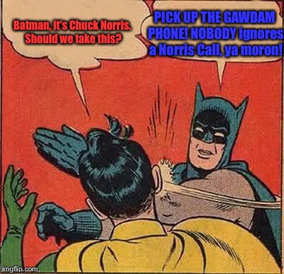 Batman Slapping Robin Meme | Batman, it's Chuck Norris. Should we take this? PICK UP THE GAWDAM PHONE! NOBODY ignores a Norris Call, ya moron! | image tagged in memes,batman slapping robin | made w/ Imgflip meme maker
