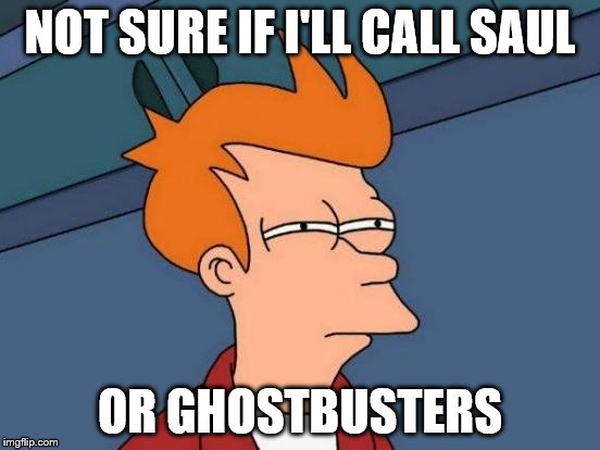 Futurama Fry Meme | NOT SURE IF I'LL CALL SAUL OR GHOSTBUSTERS | image tagged in memes,futurama fry | made w/ Imgflip meme maker