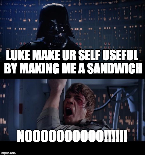 Star Wars No Meme | LUKE MAKE UR SELF USEFUL BY MAKING ME A SANDWICH; NOOOOOOOOOO!!!!!! | image tagged in memes,star wars no | made w/ Imgflip meme maker