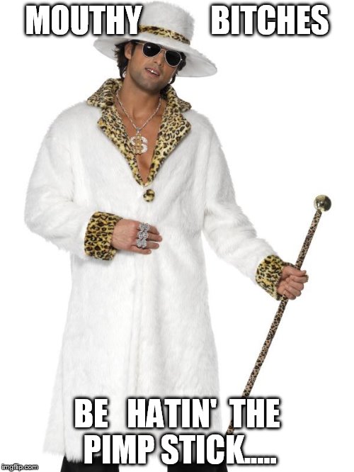 white Pimp | MOUTHY           BITCHES; BE   HATIN'  THE PIMP STICK..... | image tagged in white pimp | made w/ Imgflip meme maker