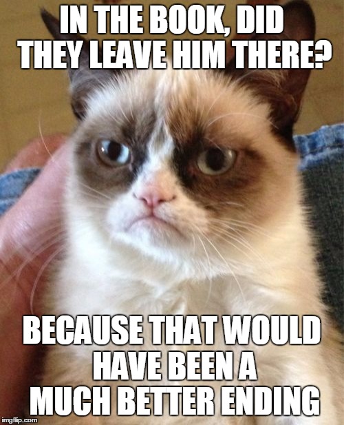 Grumpy Cat Meme | IN THE BOOK, DID THEY LEAVE HIM THERE? BECAUSE THAT WOULD HAVE BEEN A MUCH BETTER ENDING | image tagged in memes,grumpy cat | made w/ Imgflip meme maker