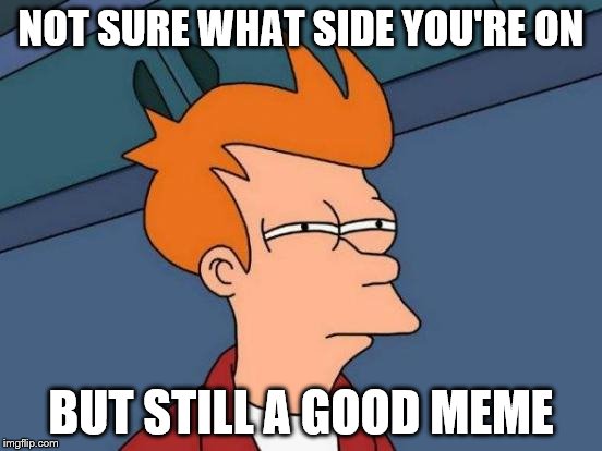 Futurama Fry Meme | NOT SURE WHAT SIDE YOU'RE ON BUT STILL A GOOD MEME | image tagged in memes,futurama fry | made w/ Imgflip meme maker