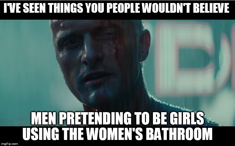 I've seen things you people wouldn't believe  | I'VE SEEN THINGS YOU PEOPLE WOULDN'T BELIEVE; MEN PRETENDING TO BE GIRLS USING THE WOMEN'S BATHROOM | image tagged in i've seen things you people wouldn't believe,funny memes,transgender,blade runner | made w/ Imgflip meme maker