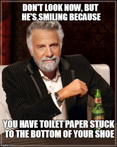 The Most Interesting Man In The World Meme | DON'T LOOK NOW, BUT HE'S SMILING BECAUSE YOU HAVE TOILET PAPER STUCK TO THE BOTTOM OF YOUR SHOE | image tagged in memes,the most interesting man in the world | made w/ Imgflip meme maker
