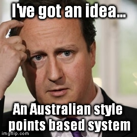 David cameron confused | I've got an idea... An Australian style points based system | image tagged in david cameron confused | made w/ Imgflip meme maker