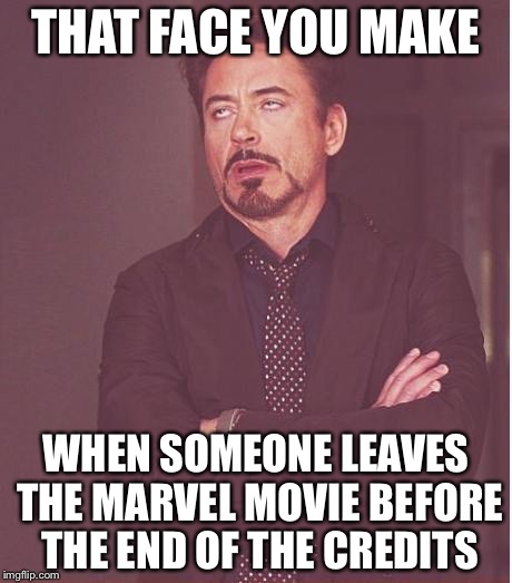 Face You Make Robert Downey Jr. | THAT FACE YOU MAKE; WHEN SOMEONE LEAVES THE MARVEL MOVIE BEFORE THE END OF THE CREDITS | image tagged in memes,face you make robert downey jr,funny | made w/ Imgflip meme maker