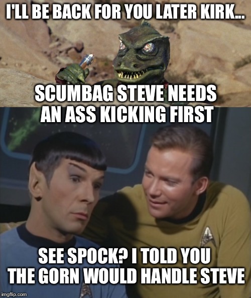 I'LL BE BACK FOR YOU LATER KIRK... SCUMBAG STEVE NEEDS AN ASS KICKING FIRST SEE SPOCK? I TOLD YOU THE GORN WOULD HANDLE STEVE | made w/ Imgflip meme maker