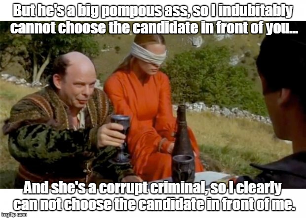 Inconceivable  | But he's a big pompous ass, so I indubitably cannot choose the candidate in front of you... And she's a corrupt criminal, so I clearly can not choose the candidate in front of me. | image tagged in princess bride drinking game,funny meme | made w/ Imgflip meme maker
