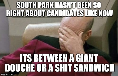 Captain Picard Facepalm | SOUTH PARK HASN'T BEEN SO RIGHT ABOUT CANDIDATES LIKE NOW; ITS BETWEEN A GIANT DOUCHE OR A SHIT SANDWICH | image tagged in memes,captain picard facepalm | made w/ Imgflip meme maker