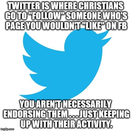 Twitter birds says | TWITTER IS WHERE CHRISTIANS GO TO "FOLLOW" SOMEONE WHO'S PAGE YOU WOULDN'T "LIKE" ON FB; YOU AREN'T NECESSARILY ENDORSING THEM . . . JUST KEEPING UP WITH THEIR ACTIVITY. | image tagged in twitter birds says | made w/ Imgflip meme maker