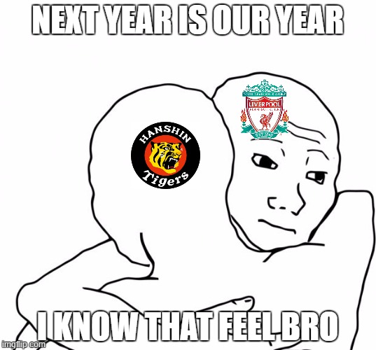 The common point between fans of Hanshin Tigers and Liverpool FC | NEXT YEAR IS OUR YEAR; I KNOW THAT FEEL BRO | image tagged in i know that feel bro,lfc,hanshin tigers | made w/ Imgflip meme maker