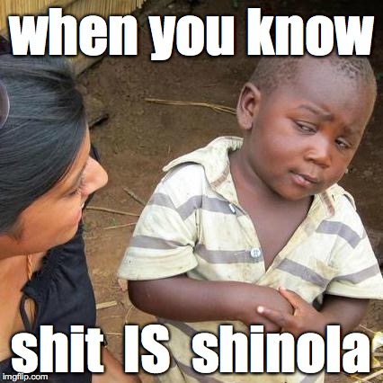 Third World Skeptical Kid | when you know; shit  IS  shinola | image tagged in memes,third world skeptical kid | made w/ Imgflip meme maker