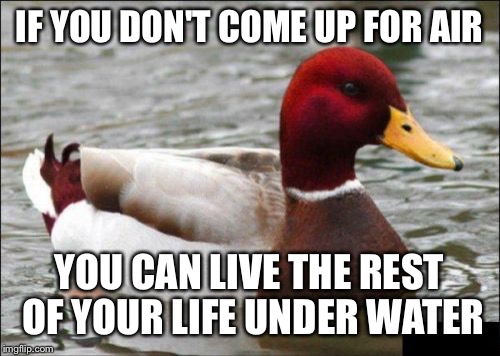 Malicious Advice Mallard Meme | IF YOU DON'T COME UP FOR AIR; YOU CAN LIVE THE REST OF YOUR LIFE UNDER WATER | image tagged in memes,malicious advice mallard | made w/ Imgflip meme maker