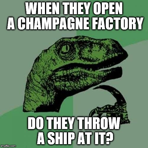 I name this factory... | WHEN THEY OPEN A CHAMPAGNE FACTORY; DO THEY THROW A SHIP AT IT? | image tagged in memes,philosoraptor,champagne,ship | made w/ Imgflip meme maker