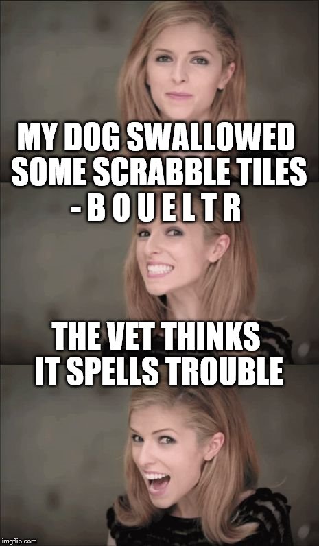 Bad Pun Anna Kendrick | MY DOG SWALLOWED SOME SCRABBLE TILES - B O U E L T R; THE VET THINKS IT SPELLS TROUBLE | image tagged in memes,bad pun anna kendrick,dogs,scrabble | made w/ Imgflip meme maker