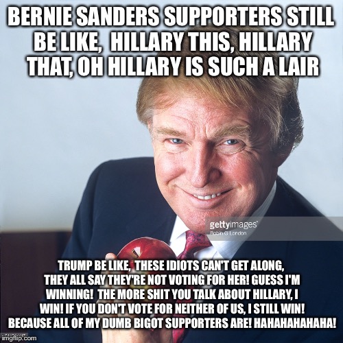 Hillary Cilton  | BERNIE SANDERS SUPPORTERS STILL BE LIKE, 
HILLARY THIS, HILLARY THAT, OH HILLARY IS SUCH A LAIR; TRUMP BE LIKE, 
THESE IDIOTS CAN'T GET ALONG, THEY ALL SAY THEY'RE NOT VOTING FOR HER! GUESS I'M WINNING! 
THE MORE SHIT YOU TALK ABOUT HILLARY, I WIN!
IF YOU DON'T VOTE FOR NEITHER OF US, I STILL WIN! BECAUSE ALL OF MY DUMB BIGOT SUPPORTERS ARE! HAHAHAHAHAHA! | image tagged in hillary clinton,bernie sanders | made w/ Imgflip meme maker
