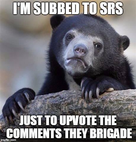 Confession Bear | I'M SUBBED TO SRS; JUST TO UPVOTE THE COMMENTS THEY BRIGADE | image tagged in memes,confession bear | made w/ Imgflip meme maker