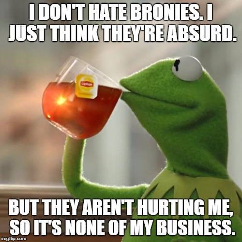 But That's None Of My Business Meme | I DON'T HATE BRONIES. I JUST THINK THEY'RE ABSURD. BUT THEY AREN'T HURTING ME, SO IT'S NONE OF MY BUSINESS. | image tagged in memes,but thats none of my business,kermit the frog | made w/ Imgflip meme maker