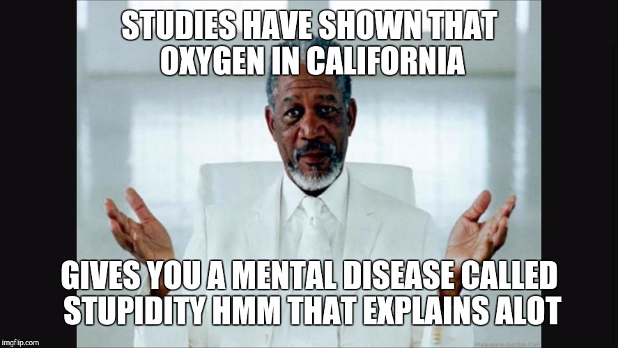 Morgan freeman scientists | STUDIES HAVE SHOWN THAT OXYGEN IN CALIFORNIA; GIVES YOU A MENTAL DISEASE CALLED STUPIDITY HMM THAT EXPLAINS ALOT | image tagged in morgan freeman scientists | made w/ Imgflip meme maker