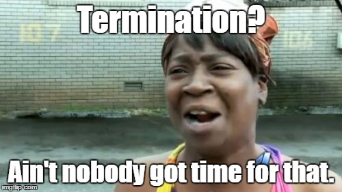 Ain't Nobody Got Time For That | Termination? Ain't nobody got time for that. | image tagged in memes,aint nobody got time for that | made w/ Imgflip meme maker