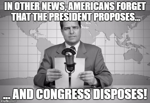 reaporter reading news on television | IN OTHER NEWS, AMERICANS FORGET THAT THE PRESIDENT PROPOSES... ... AND CONGRESS DISPOSES! | image tagged in reaporter reading news on television | made w/ Imgflip meme maker