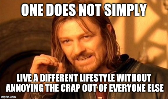 One Does Not Simply Meme | ONE DOES NOT SIMPLY LIVE A DIFFERENT LIFESTYLE WITHOUT ANNOYING THE CRAP OUT OF EVERYONE ELSE | image tagged in memes,one does not simply | made w/ Imgflip meme maker