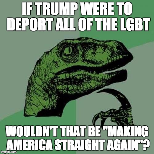 I support the LGBT, and he doesn't like Homosexuals | IF TRUMP WERE TO DEPORT ALL OF THE LGBT; WOULDN'T THAT BE "MAKING AMERICA STRAIGHT AGAIN"? | image tagged in memes,philosoraptor,donald trump | made w/ Imgflip meme maker