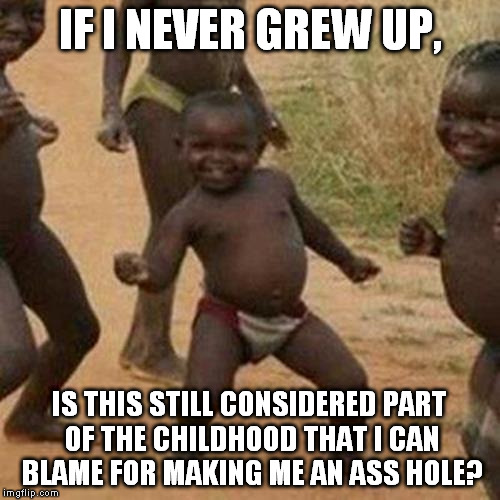 Third World Success Kid Meme | IF I NEVER GREW UP, IS THIS STILL CONSIDERED PART OF THE CHILDHOOD THAT I CAN BLAME FOR MAKING ME AN ASS HOLE? | image tagged in memes,third world success kid | made w/ Imgflip meme maker