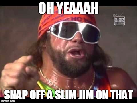 Macho man | OH YEAAAH; SNAP OFF A SLIM JIM ON THAT | image tagged in macho man | made w/ Imgflip meme maker