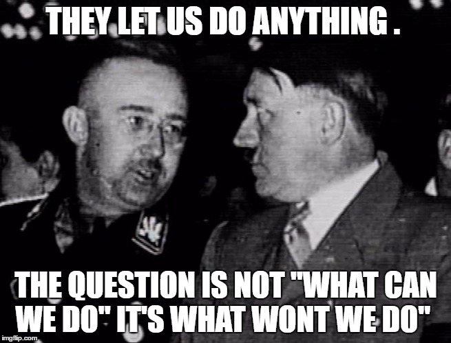 Grammar Nazis Himmler and Hitler | THEY LET US DO ANYTHING . THE QUESTION IS NOT "WHAT CAN WE DO" IT'S WHAT WONT WE DO" | image tagged in grammar nazis himmler and hitler | made w/ Imgflip meme maker