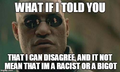 Matrix Morpheus | WHAT IF I TOLD YOU; THAT I CAN DISAGREE, AND IT NOT MEAN THAT IM A RACIST OR A BIGOT | image tagged in memes,matrix morpheus | made w/ Imgflip meme maker