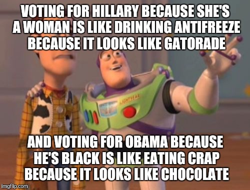 X, X Everywhere | VOTING FOR HILLARY BECAUSE SHE'S A WOMAN IS LIKE DRINKING ANTIFREEZE BECAUSE IT LOOKS LIKE GATORADE; AND VOTING FOR OBAMA BECAUSE HE'S BLACK IS LIKE EATING CRAP BECAUSE IT LOOKS LIKE CHOCOLATE | image tagged in memes,x x everywhere | made w/ Imgflip meme maker
