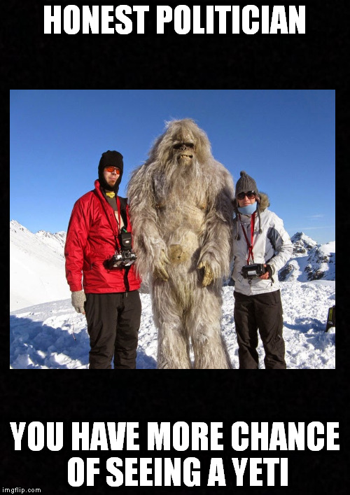 honest | HONEST POLITICIAN; YOU HAVE MORE CHANCE OF SEEING A YETI | image tagged in politician | made w/ Imgflip meme maker