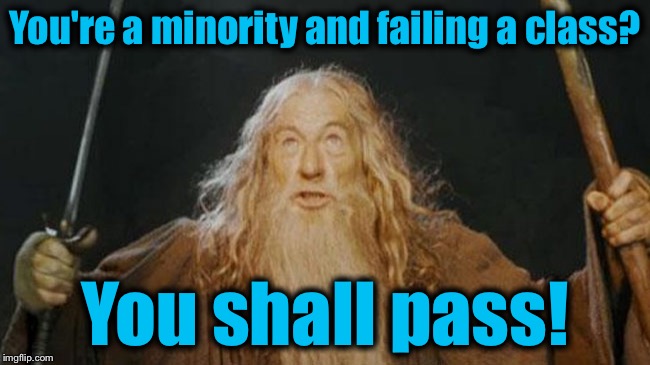 Read an article about kids who think they should pass even if they're failing, just because they're a minorty!  WTF? | You're a minority and failing a class? You shall pass! | image tagged in gandalf you shall not pass,memes,funny,evilmandoevil | made w/ Imgflip meme maker