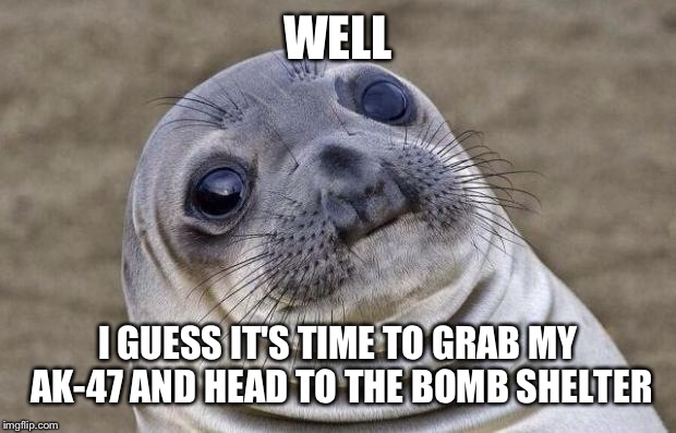 Awkward Moment Sealion Meme | WELL I GUESS IT'S TIME TO GRAB MY AK-47 AND HEAD TO THE BOMB SHELTER | image tagged in memes,awkward moment sealion | made w/ Imgflip meme maker