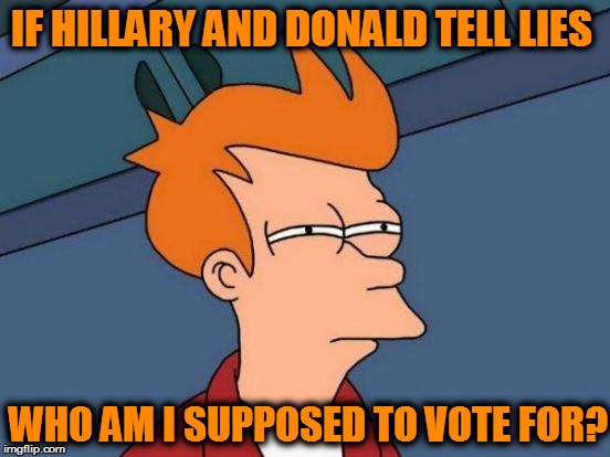 Futurama Fry | IF HILLARY AND DONALD TELL LIES; WHO AM I SUPPOSED TO VOTE FOR? | image tagged in memes,futurama fry | made w/ Imgflip meme maker