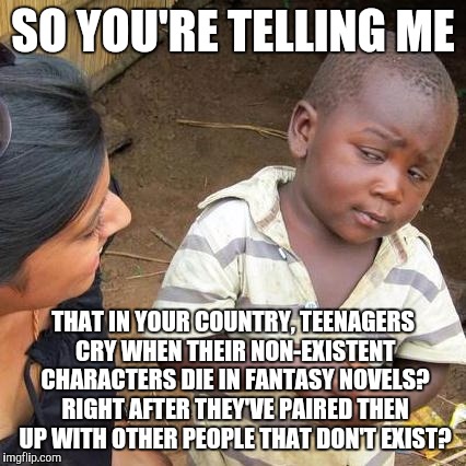 I can understand crying for an hour or so, but for the most part, it's just ridiculous. | SO YOU'RE TELLING ME; THAT IN YOUR COUNTRY, TEENAGERS CRY WHEN THEIR NON-EXISTENT CHARACTERS DIE IN FANTASY NOVELS? RIGHT AFTER THEY'VE PAIRED THEN UP WITH OTHER PEOPLE THAT DON'T EXIST? | image tagged in memes,third world skeptical kid | made w/ Imgflip meme maker