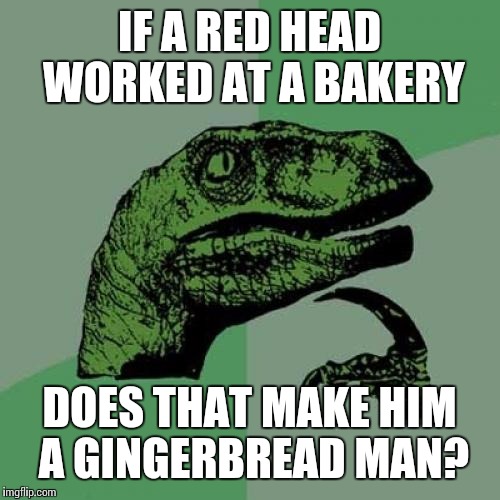 Philosoraptor | IF A RED HEAD WORKED AT A BAKERY; DOES THAT MAKE HIM A GINGERBREAD MAN? | image tagged in memes,philosoraptor | made w/ Imgflip meme maker