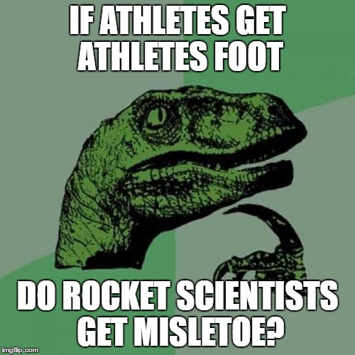 Philosoraptor Meme | IF ATHLETES GET ATHLETES FOOT; DO ROCKET SCIENTISTS GET MISLETOE? | image tagged in memes,philosoraptor | made w/ Imgflip meme maker