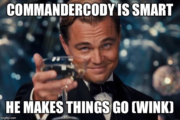 Leonardo Dicaprio Cheers Meme | COMMANDERCODY IS SMART HE MAKES THINGS GO (WINK) | image tagged in memes,leonardo dicaprio cheers | made w/ Imgflip meme maker