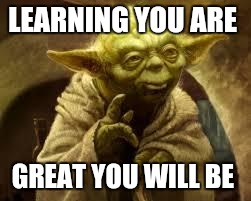 yoda | LEARNING YOU ARE; GREAT YOU WILL BE | image tagged in yoda | made w/ Imgflip meme maker