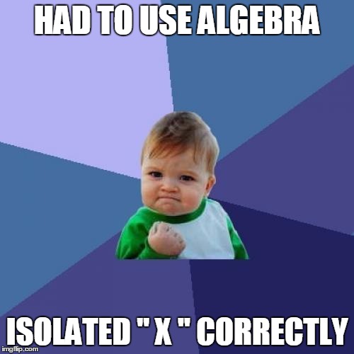 Success Kid | HAD TO USE ALGEBRA; ISOLATED " X " CORRECTLY | image tagged in memes,success kid | made w/ Imgflip meme maker